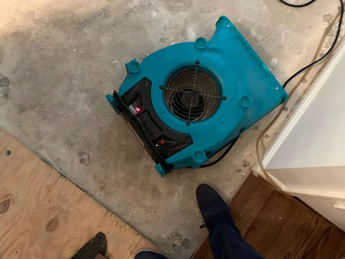 Air mover drying subfloor during Leak Detection & Repair in Allentown
